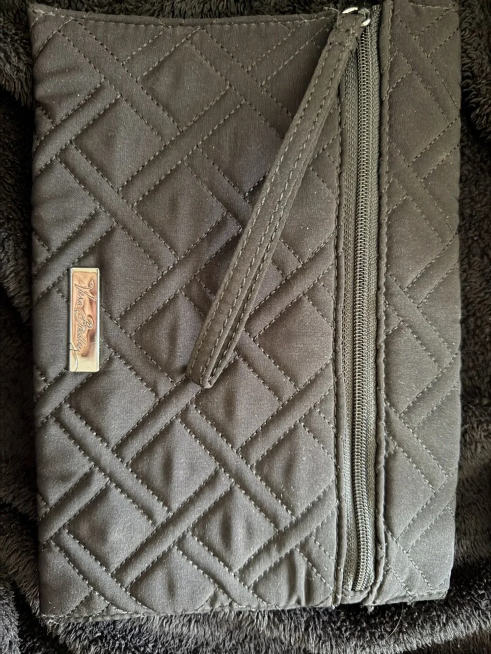 Vera Bradley Quilted Black Fabric Wristlet with Logo Plate